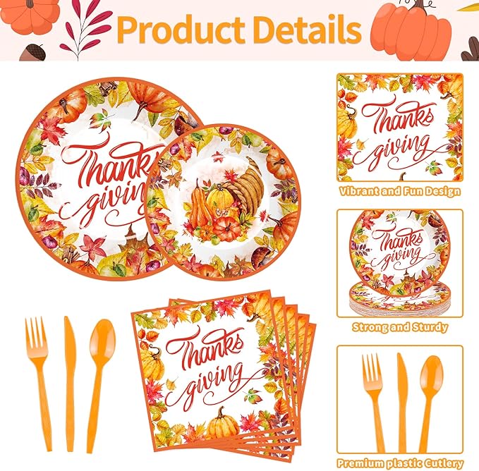 175 Pcs Thanksgiving Tableware Set - Serves 25, Harvest-Themed Disposable Plates, Cups, Napkins, Plastic Forks, Spoons, Knives for Thanksgiving Day Dinner, Fall Party Supplies, Autumn Gatherings