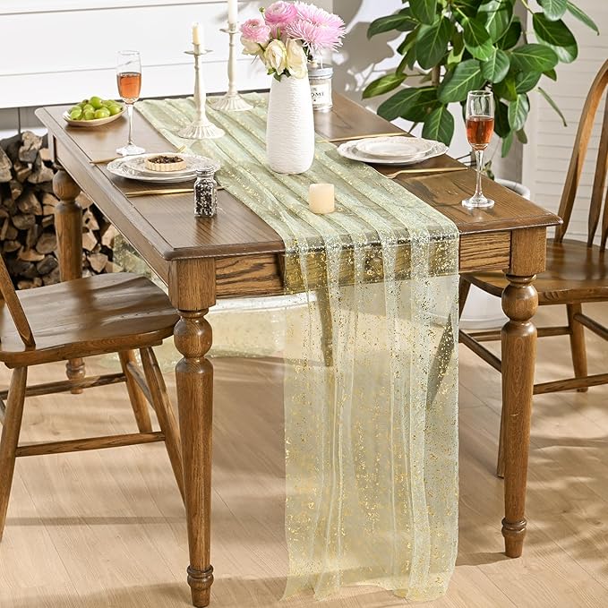 Artoid Mode 3PCS Sage Green Gold Gauze Table Runner 120 Inch 10FT, Glitter Metallic Foil Sheer Dining Wedding Anniversary Holiday Birthday Table Decor for Home Party