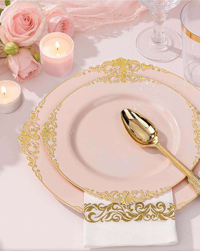Nervure 350PCS Pink Plastic Plates - Pink Plastic Dinnerware Sets for 50 Guests - 100 Disposable Plates, 150 Gold Silverware, 50 Cups, 50 Napkins Perfect for Wedding & Party & Easter
