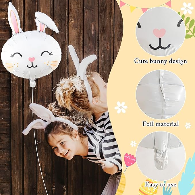 6PCS Large Easter Bunny Head Foil Balloons Cute Rabbit Face Mylar Balloons for Easter Party, Baby Shower, Birthday & Spring Celebration Decorations