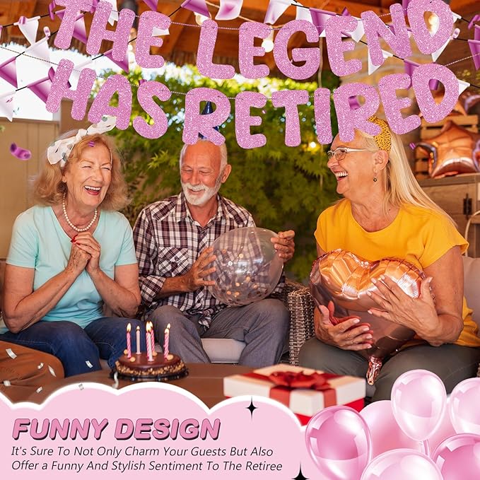 Fulmoon Pre Strung the Legend Has Retired Glitter Banner 9.8 ft Retirement Banner Retirement Party Decorations Garland Bunting for Men Women Gifts, No DIY(Pink)
