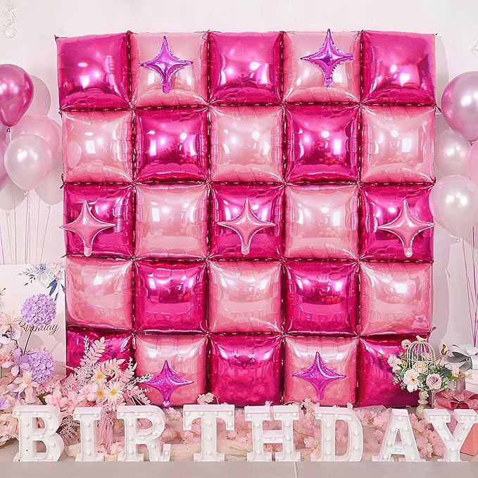 32PCS Hot Pink Square Foil Balloon Wall Double Sided, Metallic Bright Pink and Light Pink with Star Balloons Backdrop Flat Tunnel Foil Magenta Background for Girls Women Princess Birthdays Baby Shower