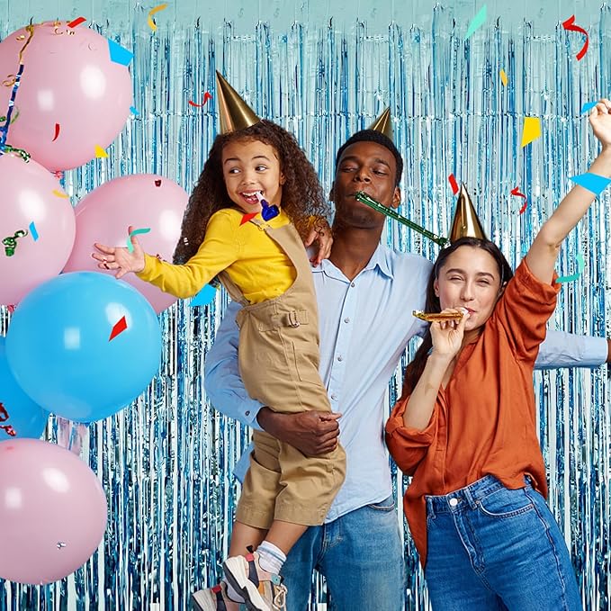 Blue Streamers Party Decorations 3.3x8.2ft 2 Pack Light Blue Tinsel Foil Fringe Curtain Backdrop Ocean Themed Party Decor Photo Booth Props for Birthday Baby Shower Bachelorette Door Hanging Wedding