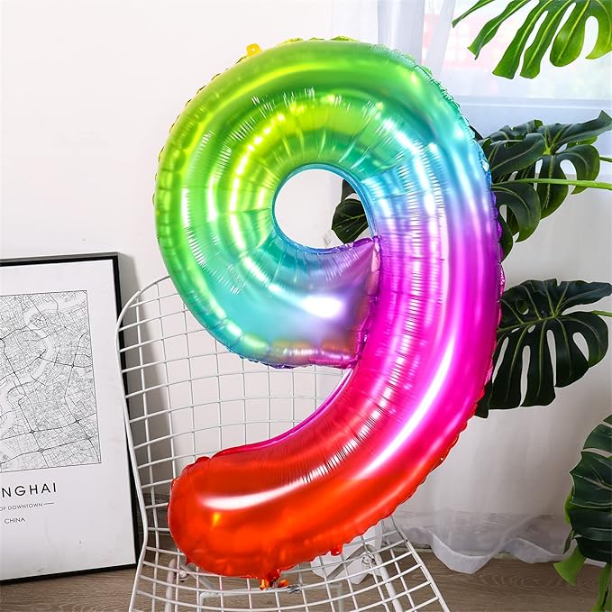 Number Balloon | Number 9 Balloon for 9th Rainbow Birthday Decorations | Giant Multicolor Mylar 9 Balloon Number - 40 Inch | Big Foil Colorful 9 Birthday Balloon for Anniversary Party Supplies Favors