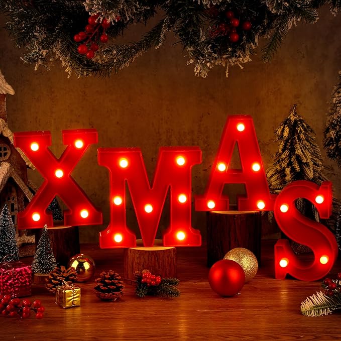 VIHOSE Christmas LED Letter Lights Sign Table Decoration Xmas Light up Letters Battery Powered Letter for Indoor Christmas Decoration Home Bar Party Bedroom Tabletop Gift
