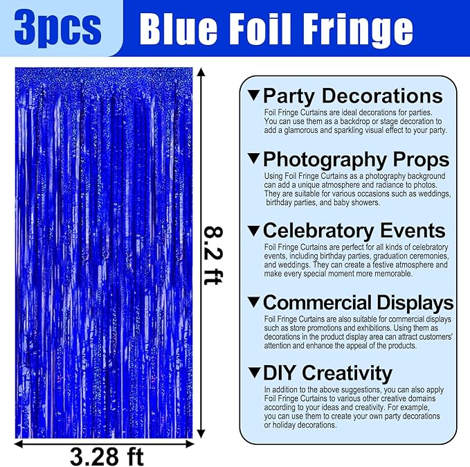 3 Pack Blue Foil Fringe Curtain Backdrop, 3.28Ft x 8.2Ft Metallic Tinsel Foil Fringe Streamer Curtains for Photo Booth, Mother's Day, Easter, Birthday, Wedding Party Decorations