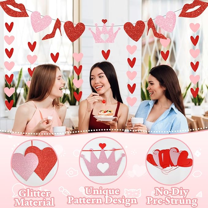 4Pcs Pre-Strung Galentine's Gang Banner, Heart Shaped Banners, Red, 0.2" x 0.2", Indoor, Wall Mount, Standard Banner, Galentine's Day, Home, Room Decorations