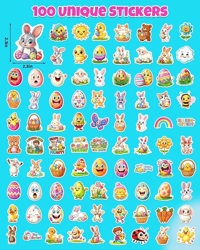 JCFIRE 100 PCS Easter Stickers for Kids, Waterproof Vinyl Cute Bunny & Egg Decals, Ultimate Easter Basket Stuffers for Toddlers, Teens, Boys & Girls, Egg Fillers, Party Favors, Crafts & Decorations