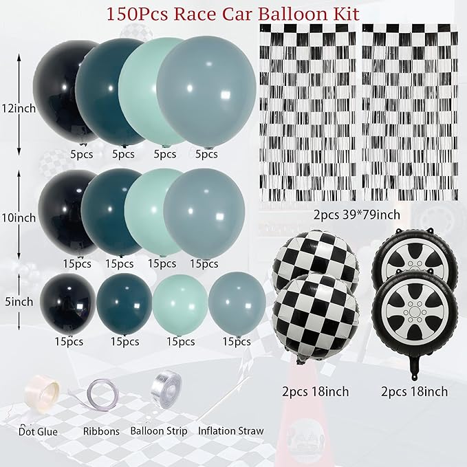 132Pcs Race Car Balloon Arch Garland Kit With Dusty Blue Teal Blue Black Checkered Wheel Balloons Checkered Fringe Curtain for Two Fast Theme Birthday Decorations, Fast One Party Backdrop