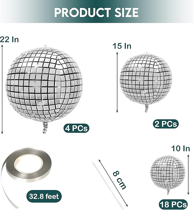 Inflatable Disco Ball Balloons Pack of 24 - 22” Silver Mylar Foil Disco Party Balloons with Star Balloons, Ribbon & Pipe for New Year's Disco Ball Decorations Party, Bachelorette, Birthday Décor