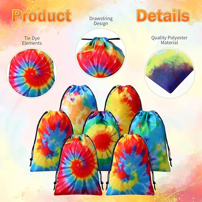 24 Pcs Tie Dye Party Favor Bags Drawstring Birthday Gift Bag Candy Goodie Treat Bag Colorful Snacks Bag, Polyester Wrap Bags for Retro Tye dye Beach Party Decor School Supplies (9.8 x 7.1 Inch)