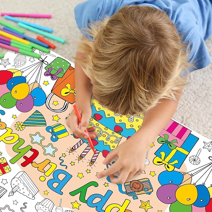 ZOIIWA Happy Birthday Coloring Poster for Kids Giant Coloring Sheet Classroom Large Big Birthday Tablecloth for Wall Jumbo Page Books Party Game Crafts Activity Supplies Decoration Favor