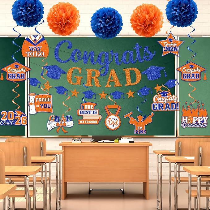 Orange and Blue Graduation Decorations, Glitter Congrats Grad Banner Hanging Swirls and Tissue Pom Poms, Blue and Orange Graduation Decorations for College Graduations Party Decorations Class of 2026
