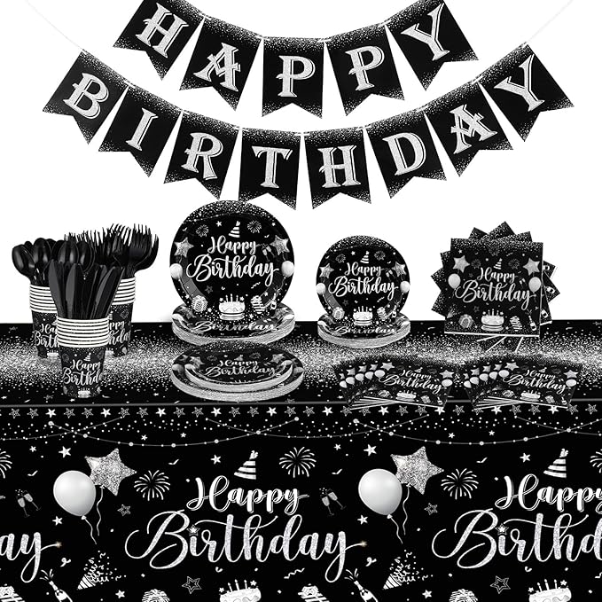 Vesici 171 Pcs Happy Birthday Party Supplies 24 Set Disposable Party Tableware include Plates Cups Napkins Cutlery and Banner Tablecloth Birthday Dinner Decorations for Men Woman(Black, Silver)