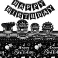 Vesici 171 Pcs Happy Birthday Party Supplies 24 Set Disposable Party Tableware include Plates Cups Napkins Cutlery and Banner Tablecloth Birthday Dinner Decorations for Men Woman(Black, Silver)