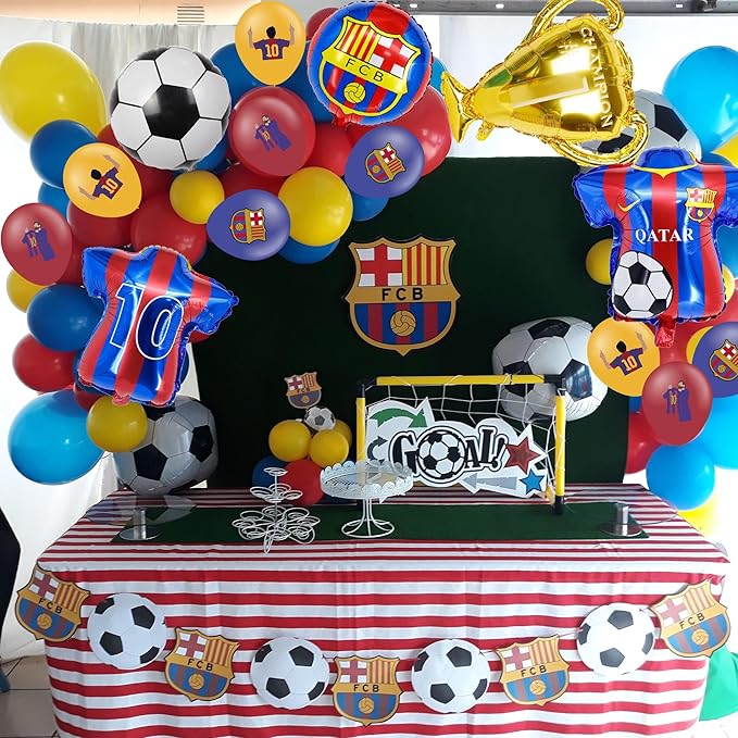 Soccer Theme Birthday Party Decorations Include 12pcs Latex Balloon, 5pcs Foil Balloons, Barcelona Theme Balloons for Party Favors, Messi Birthday Party Supplies