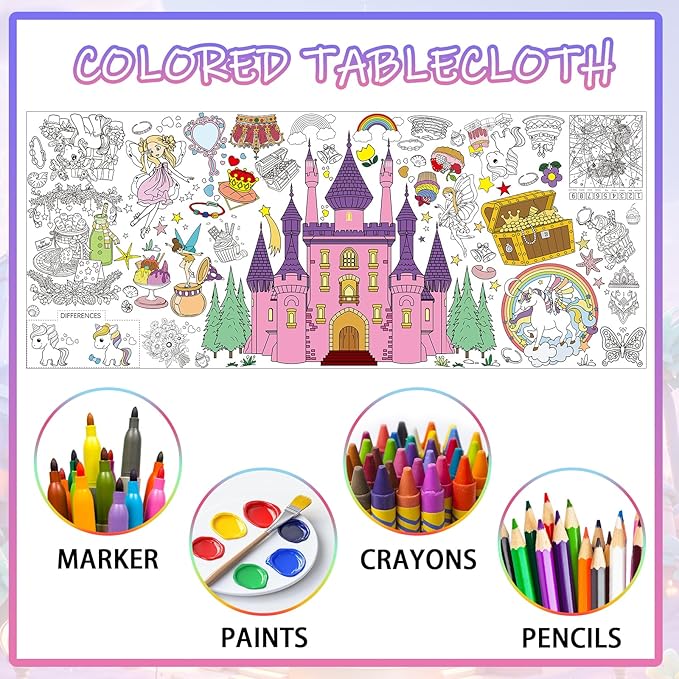 Princess Party Giant Coloring Poster,30x72 Inch Drawing Paper oloring Table Cloth,DIY Princess Activity Tablecloth Magical Castle for Kids Birthday Themed Wall Home Classroom Party Suppiles