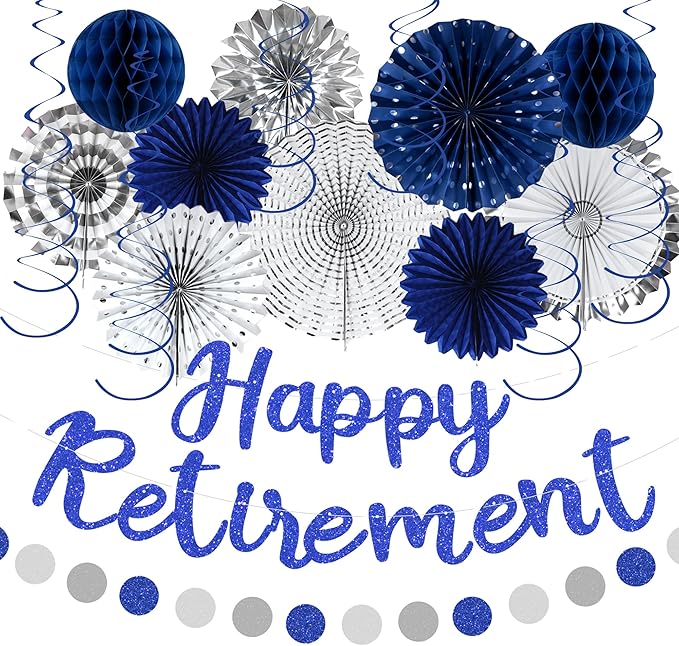Holkcog Blue Retirement Party Decorations for Men Women, Silver Blue 19pc Happy Retired Banner,Paper Lanterns Streamers,Tissue Pom Poms Honeycomb Flower Fan, Coworker Hanging Retired Decor Supply
