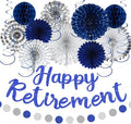 Holkcog Blue Retirement Party Decorations for Men Women, Silver Blue 19pc Happy Retired Banner,Paper Lanterns Streamers,Tissue Pom Poms Honeycomb Flower Fan, Coworker Hanging Retired Decor Supply