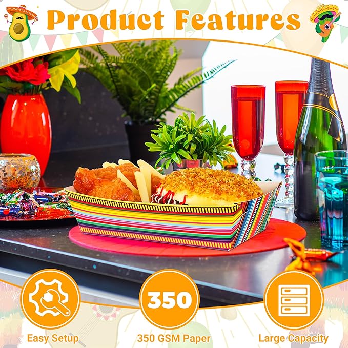 100 PCS Cinco De Mayo Plates, Large Capacity Mexican Plates, Serape Cinco De Mayo Food Trays Fiesta Hot Dog Trays Mexican Trays for Serving Food, Disposable Fiesta Party Decorations