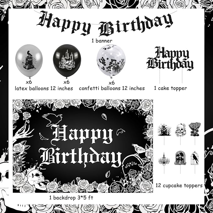 Gothic Birthday Decorations, Skull Theme Happy Birthday Backdrop Cake Topper Banner, Black Silver Cupcake Picks Balloons Bday Party Supplies Photography Background for Men Women