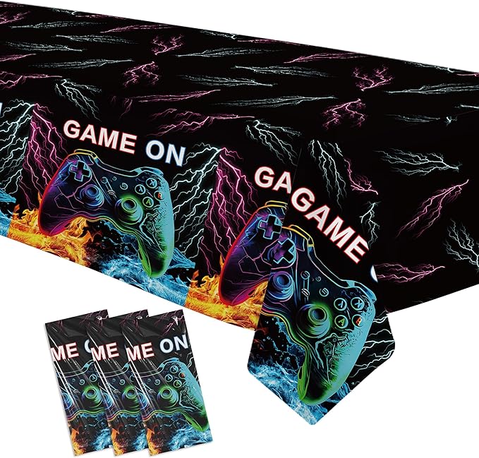 Video Game Party Decorations Tablecloth, 3Pcs Disposable Game On Birthday Party Tablecover Supplies, Gamer Gaming Level Up Birthday Table Cloth Decorations, 55in x 86in