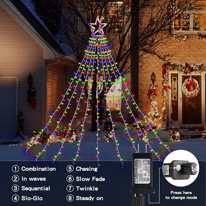 Christmas String Lights Outdoor Decoration 9 Strands 11ft 317 LED Star Fairy String Lights 8 Modes & Waterproof for Party Wedding Patio Yard New Year Holiday Indoor Outdoor - Multicolor
