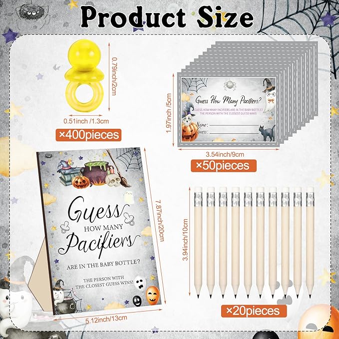 Syhood Halloween Boo Baby Shower Games Guess How Many Pacifiers Game Sign 50 Small Guessing Games 20 HB Pencils 750 ml Milk Bottle 400 Acrylic Pacifiers Decorations Guests Gender Reveal Party
