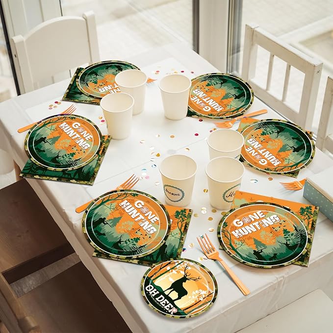 96 Pcs Hunting Camo Party Paper Plates Napkins, Oh Deer Baby Shower Birthday Party Decorations Supplies Disposable Dinnerware Tableware for Boys, Serves 24