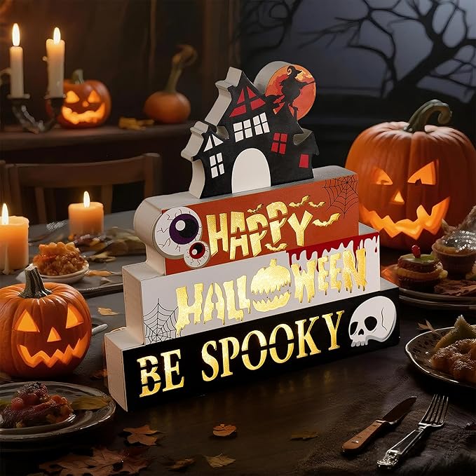 Halloween Decorations Indoor 9.4" 4-Tier Wooden Block Set with Glowing 3D Letters, Witch's House Topper, Battery Operated Spooky Halloween Décor Built-in Timer for Home, Mantel, Shelf, Table Decor