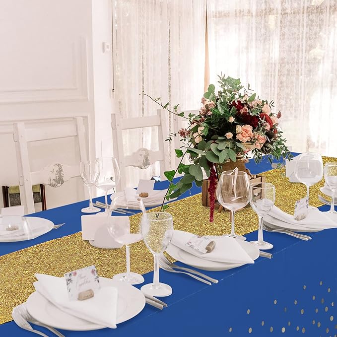 Irenare Tablecloth and Sequin Table Runner Set Polka Dots Confetti Table Cover Dining Plastic Tablecloths Glitter Decorations for Birthday Wedding Anniversary Party Supplies(Blue, Gold,2 Pcs)