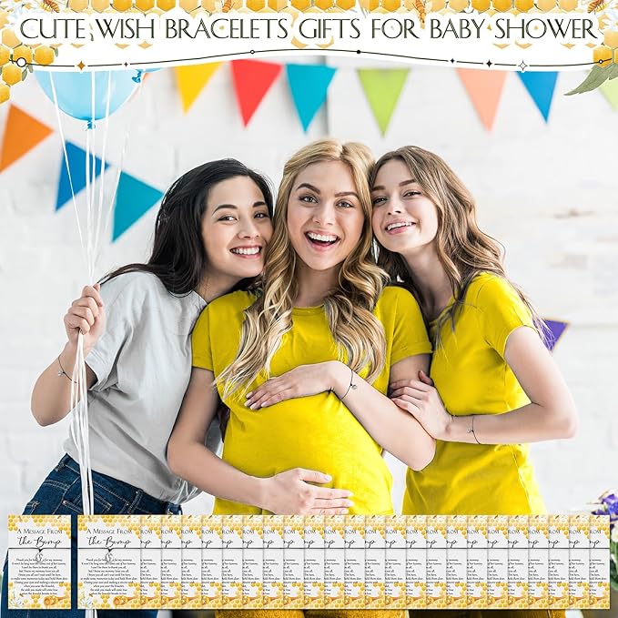 Thyle 50 Set Bee Baby Shower Favors for Guests Adjustable Bracelets with Message from the Bump Card Footprints Charm Baby Shower Bracelets for Gender Reveal Thank You Gifts