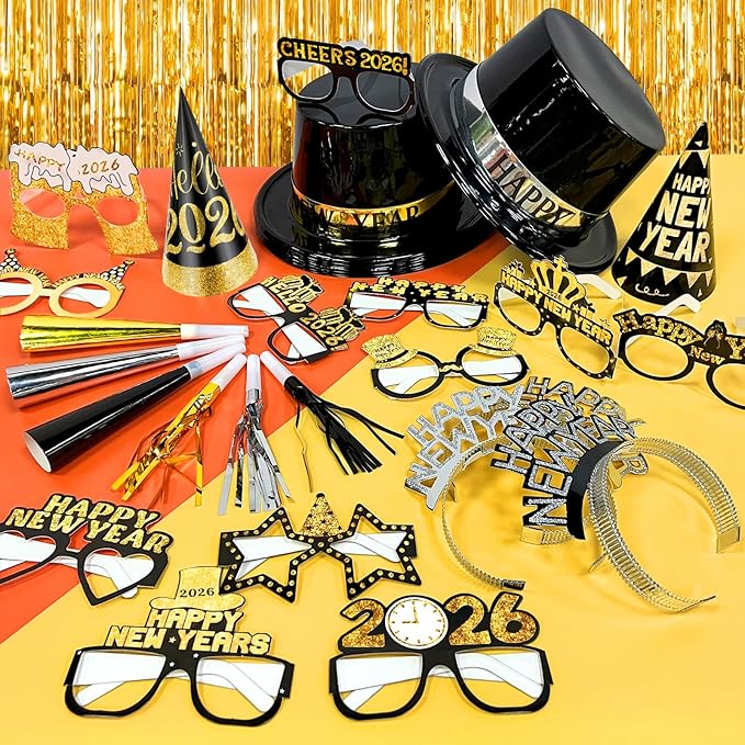 2026 New Years Eve Party Supplies, 36 Pcs Happy New Year Party Supplies Kit Serve 12, Including 6 Top Hats 3 Cone Hats 3 Tiara 12 Glasses 12 Noise Makers Black Gold Silver NYE Decoration Party Favors