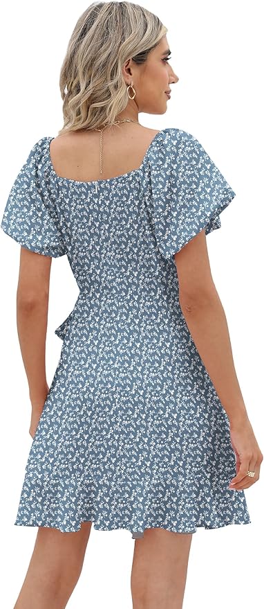 Sampeel Womens Summer Dresses Square Neck Puff Sleeve Tie Waist Short Dress