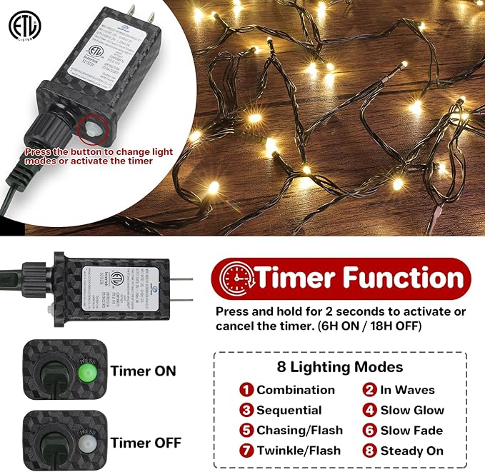 Christmas Lights Outdoor 100LED 33FT, Green Wire Connectable Christmas String Lights | 8 Modes Twinkle Fairy Lights Plug in with Timer, for Indoor Outside Xmas Trees Garden Party, Warm White