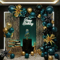 Chrome dark Teal and gold black Balloon Garland Kit 170Pcs Double-Stuffed Navy Teal Blue With Starburst Balloons for Birthday Luxury shop happy grad eve decorations 2025