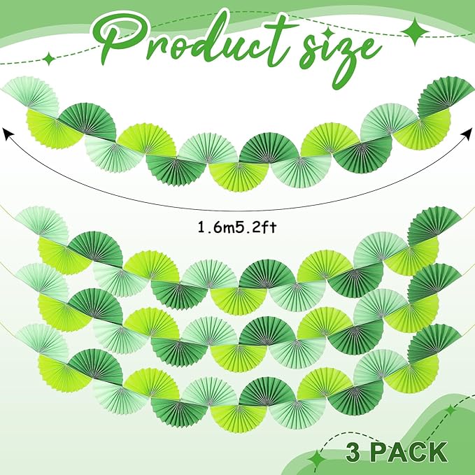 3 Pack Wedding Paper Fans Garland 15.6ft Colorful Background Ceiling Hanging Decorations Paper Garland Decorations Set for Birthday Party Supplies 3D Bachelorette Party Decorations (Green)
