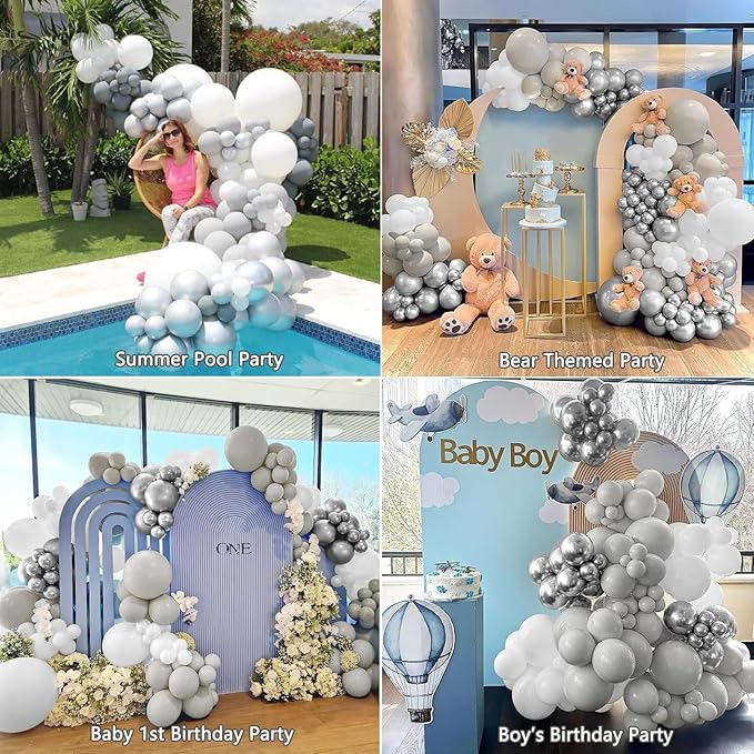 White Silver Balloon Arch Kit Garland with Grey Clear Balloons for Birthday Engagement Wedding Baby Shower Confirmation Prom 25th Anniversary Decorations