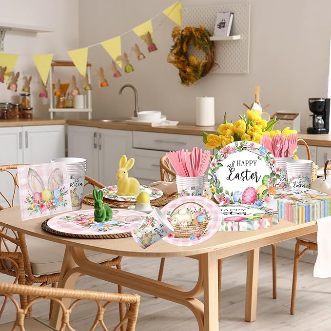 He Is Risen Easter Decoration He is Risen Bunny Eggs Cross Tableware Pink Cute Rabbit Floral Farmhouse Disposable Paper Plates Napkins Cups Forks and Knives for Spring Home Party Decor,Serve 24