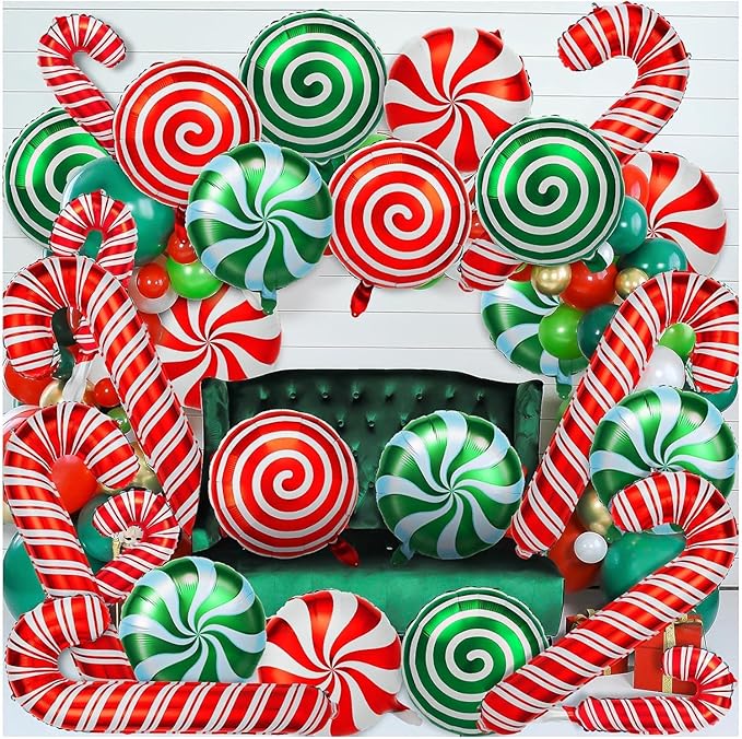 72Pcs Christmas Balloons Kit, Cane Candy Foil Balloons with Ribbons, Red Green Mylar Balloon for Party Decorations