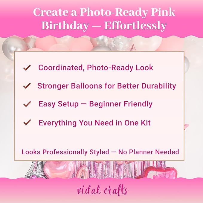 Vidal Crafts Pink Birthday Decorations – 71-Piece Happy Birthday Decorations with Latex, Foil & Confetti Balloons, Happy Birthday Banner & Foil Fringe Curtains for Fun Birthday Parties