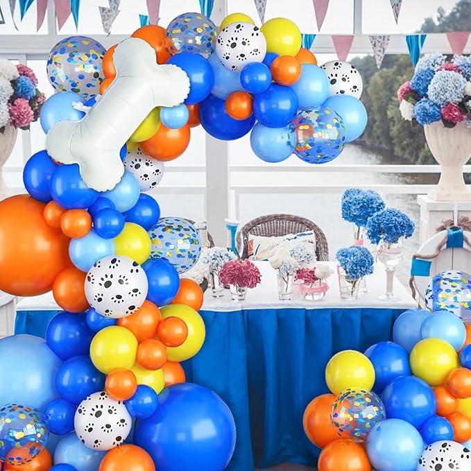 Dog Paw Balloon Arch, 105 Pcs Blue and Orange Paw Print Balloons Garland Kit, Big Bone Foil Balloon Orange Blue Confetti Balloons for Kids Children Dog Theme Birthday Party Decorations Supplies