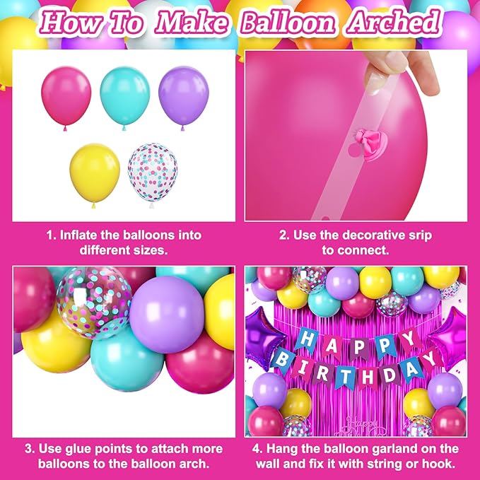 Pink Blue Purple Birthday Party Decorations for Girls Women, Hot Pink and Blue Birthday Decorations with Latex Balloons Happy Birthday Banner Cake Topper Star Foil Balloon Fringe Curtain
