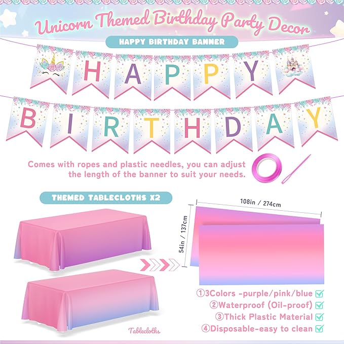 171Pcs Unicorn Birthday Party Supplies with Plates Cups Napkins Cutlery, Unicorn Birthday Decorations with Unicorns Banner and Tablecloths, 24 Serves Pink Disposable Tableware for Party Decor