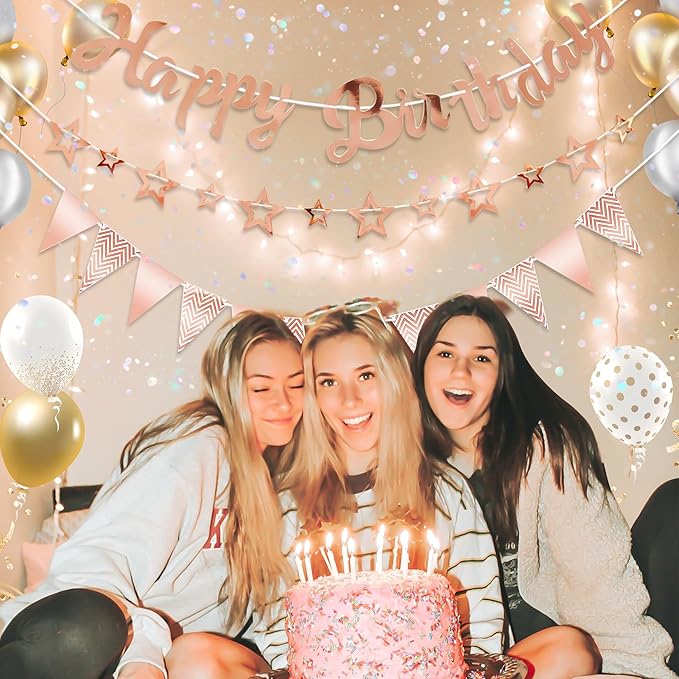 CANREVEL 3 PCS Rose Gold Happy Birthday Banners, Hanging Stars Garland and Pennant Banner Flags, Rose Gold Party Decorations, Rose Gold Party Supplies for Women Men Girls Boys Adult