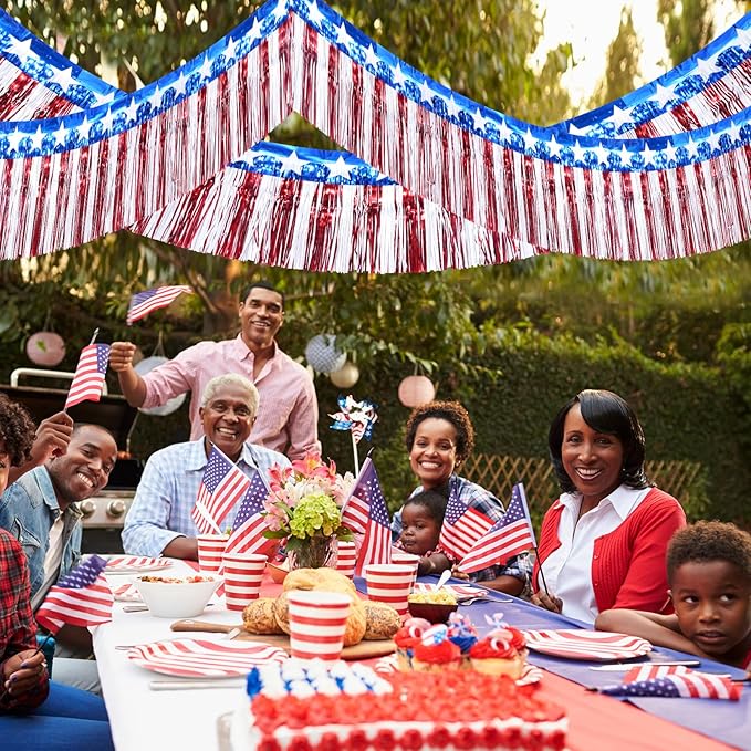 6Pack 60ft 4th of July Decorations Banner USA Stars Foil Fringe Garland Tinsel Streamers Red White and Blue Flag for Independent Memorial Veterans Day Patriotic Party USA 250 Anniversary Decorations