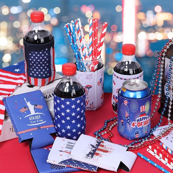 4th of July Decoration Can Cooler Sleeves, 12 Pcs Independence Day Can Party Supplies USA Flag Insulated Collapsible 4th of July Cooler Sleeves for Patriotic Memorial Day (Blue and White)