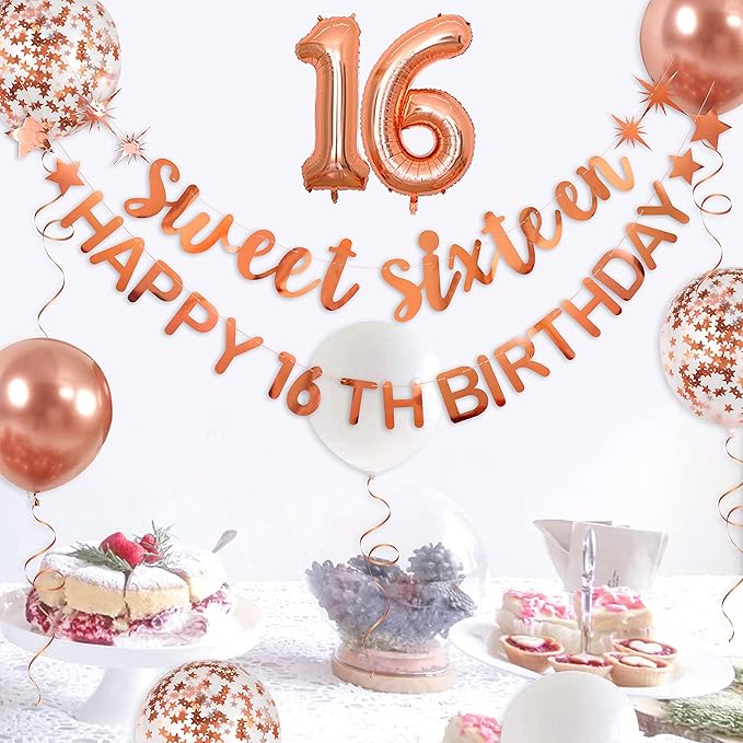 Rose Gold Sweet Sixteen Happy 16th Birthday Banner Garland Foil Balloon 16 for Sweet 16 Decorations 16th Birthday Dercorations for Girls Cheers to 16 Years 16 and Fabulous Party Backdrop Supplies
