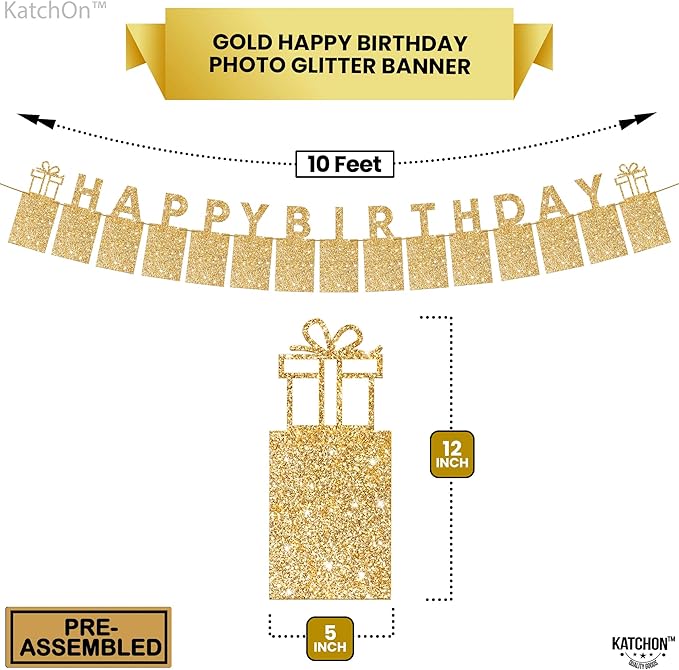 KatchOn, Glitter Gold Happy Birthday Banner - Big 10 Feet, Preassembled | Gold Happy Birthday Picture Banner for Happy Birthday Decorations | Gold Party Decorations