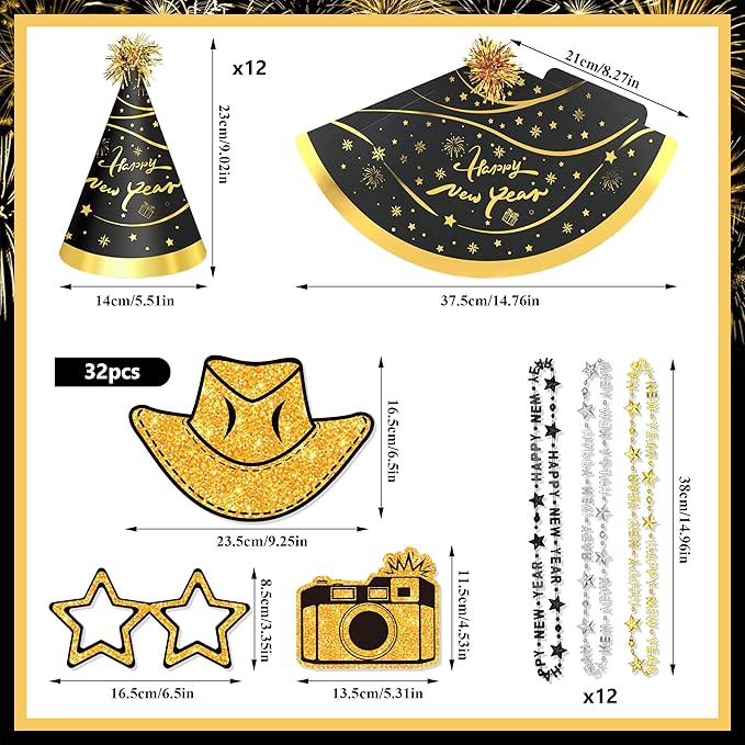 56 PCS New Year’s Eve Party Supplies 2026 Including Happy New Year Hats, Necklaces and New Year Photo Booth Props for New Year's Eve Party Favors (Photo Booth Props)